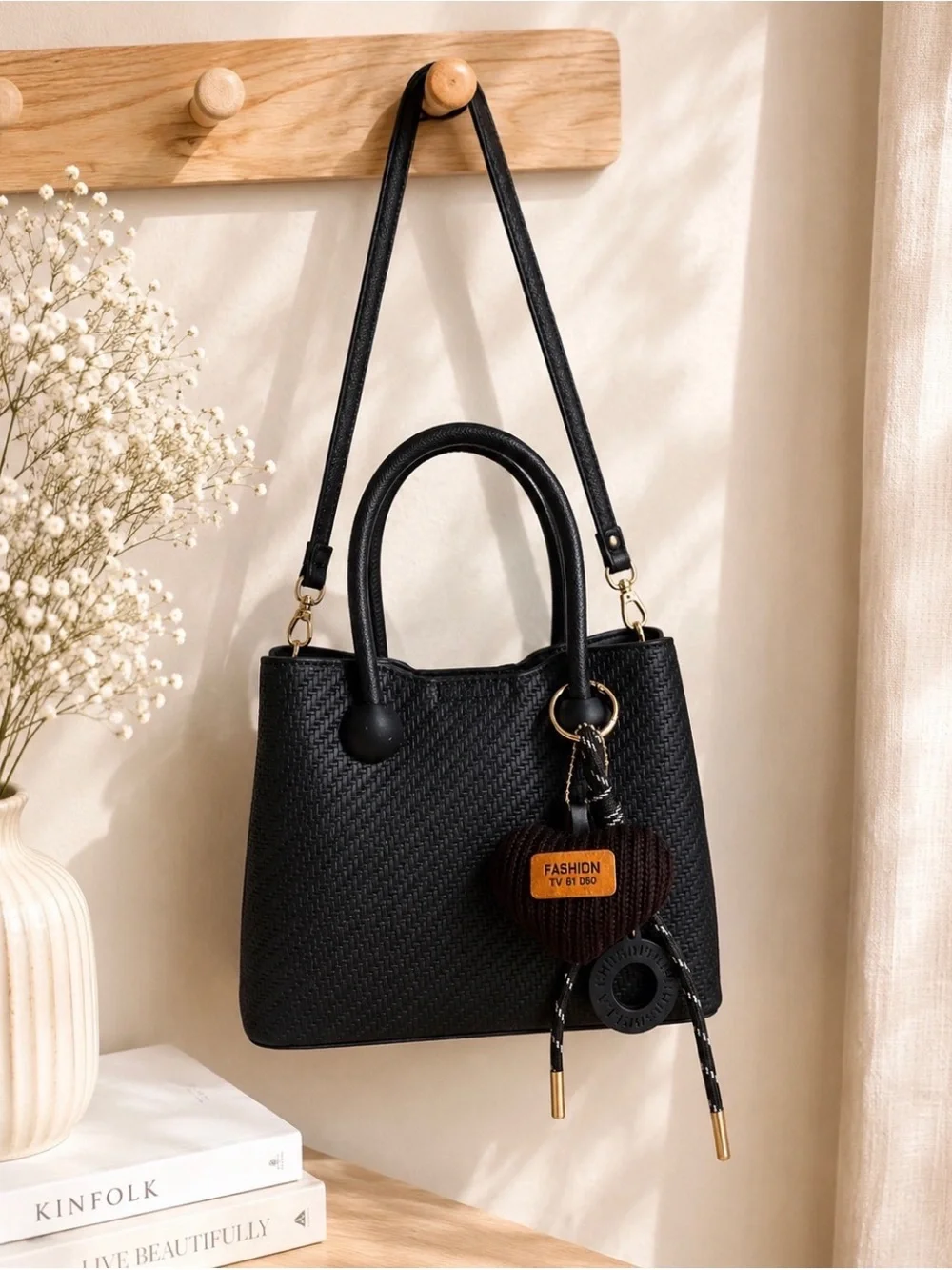 NWT Black Woven Satchel Handbag with Matching Charm & Shoulder Strap by Sumzen